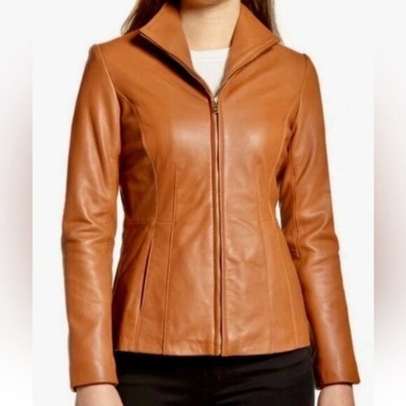Cole Hann Lambskin Leather Jacket Womens Small Full Zip Tan - Picture 1 of 16